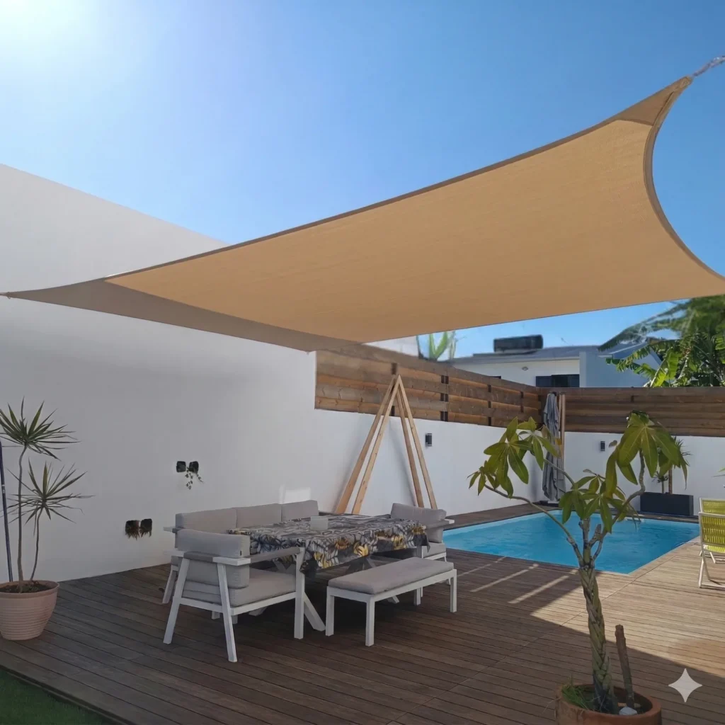Grande voile d'ombrage sable au-dessus d'une terrasse de villa avec piscine à La Réunion