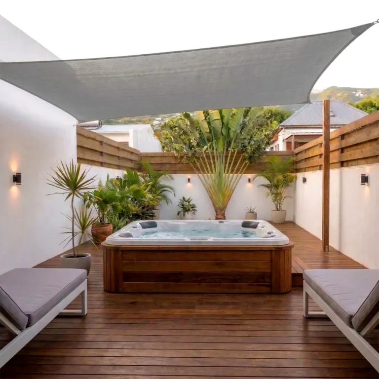 Voile d'ombrage grise rectangulaire installée au-dessus d'un spa sur terrasse en bois à La Réunion