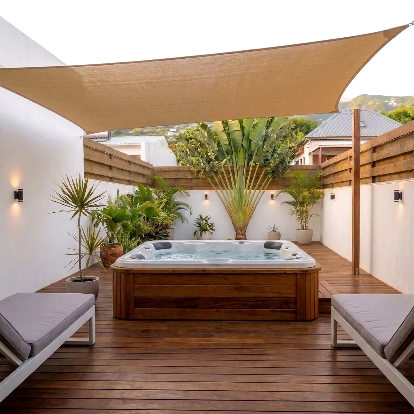 Voile d'ombrage sable rectangulaire installée au-dessus d'un spa sur terrasse en bois à La Réunion
