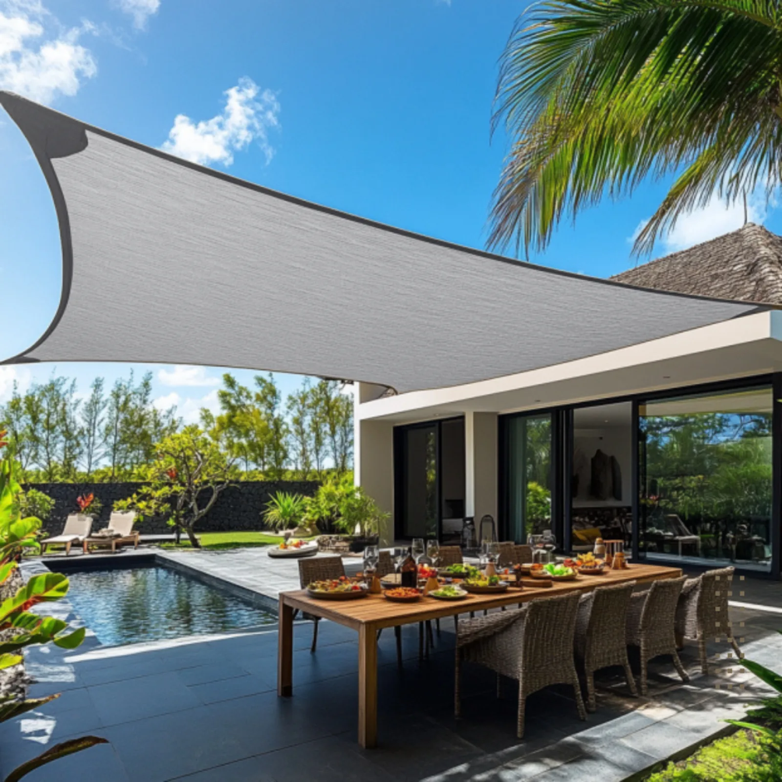 Voile d'ombrage gris 220g au-dessus d'un coin repas extérieur avec piscine à La Réunion
