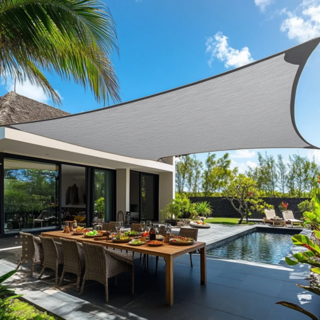 Voile d'ombrage gris 320g tendue sur une terrasse contemporaine à La Réunion