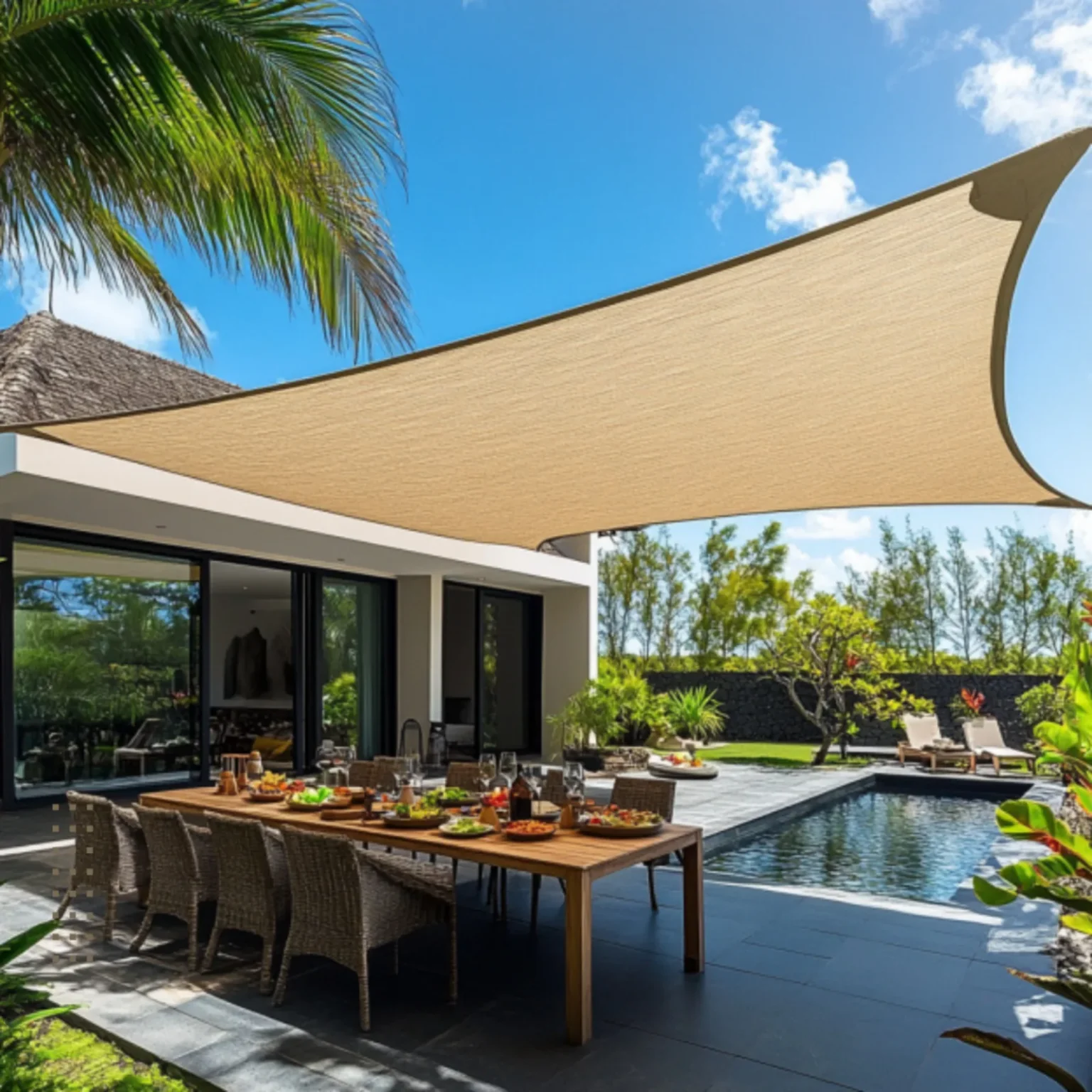 Voile d'ombrage sable 320g installée au-dessus d'un salon de jardin à La Réunion