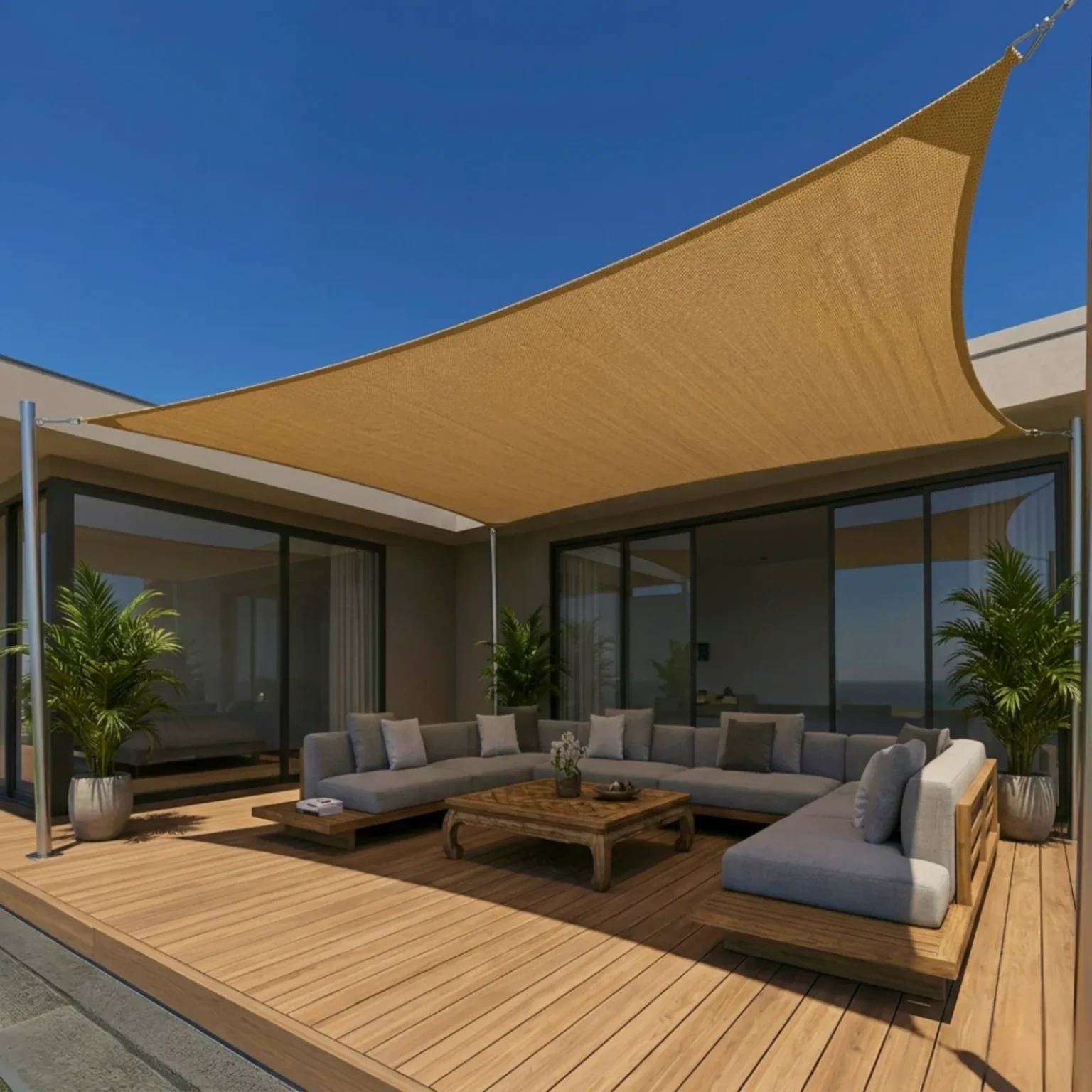 Voile d'ombrage sable 320g tendue sur une terrasse moderne à La Réunion