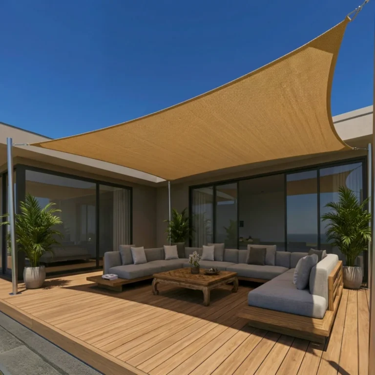 Voile d’ombrage sable installée sur une terrasse à La Réunion
